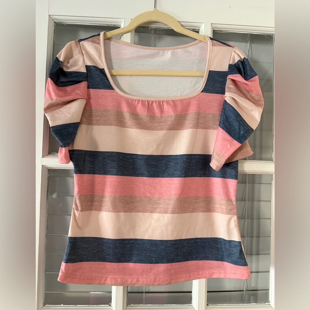 EMERY ROSE‎ Women's L Pink Blue Stripe Short Puff Sleeve T-Shirt | SKU 0260